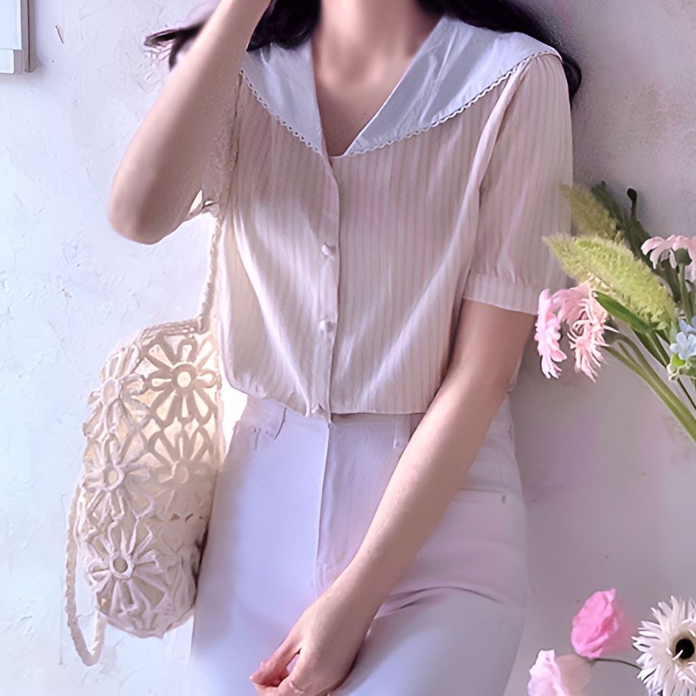 리린 로첸 스트라이프 둥근카라 썸머단아한 블라우스