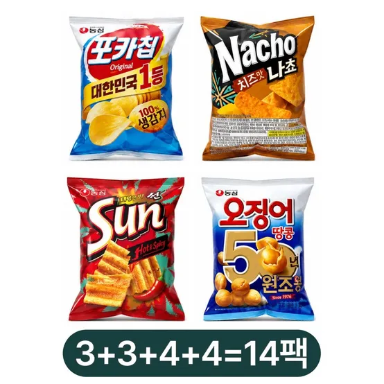 오리온 슈퍼스낵 14팩 포카칩 3개 도도한나쵸 3개 태양의맛 썬 4개 오징어땅콩 4개