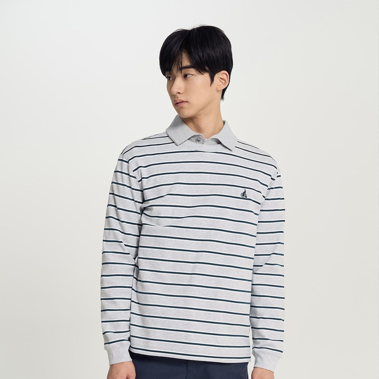 [롯데백화점] 빈폴 멘 [SS26]멀티 스트라이프 라운드넥 긴소매 티셔츠 - 그레이 :BC6241C573