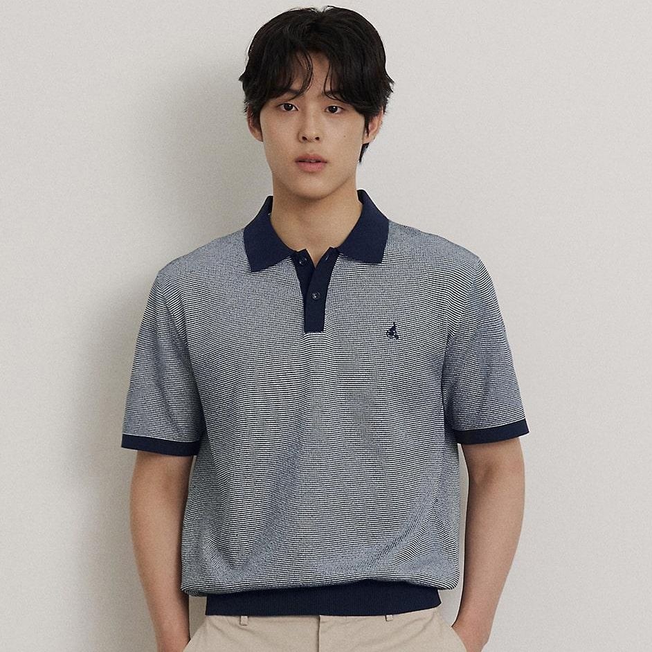 [SS26]투톤 텍스쳐 칼라넥 니트 - 네이비