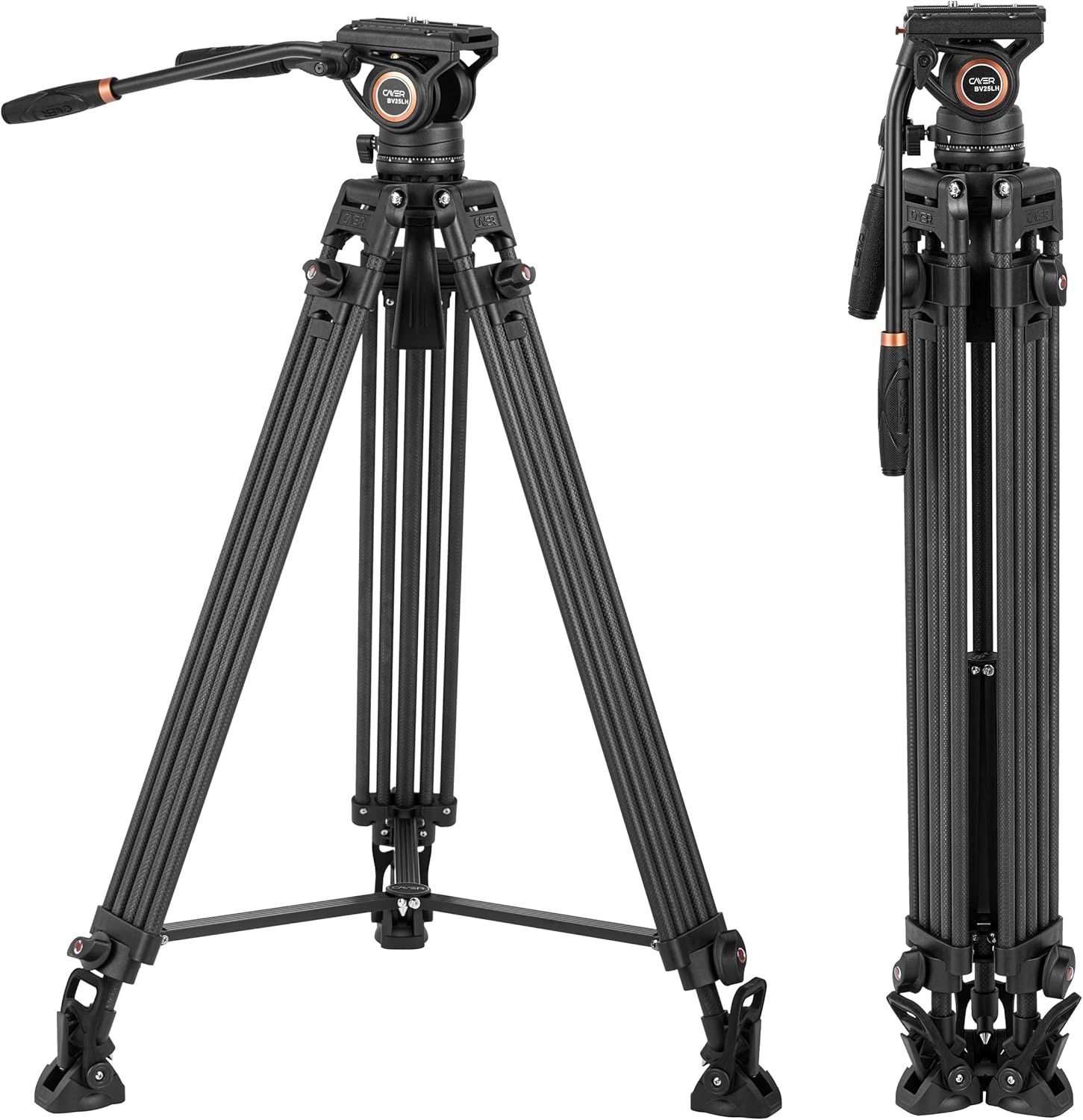Cayer BV25LH 비디오 삼각대 시스템, 74인치 탄소 섬유 전문가용 헤비 듀티 카메라 키트, 유체 드래그 헤드가 있는