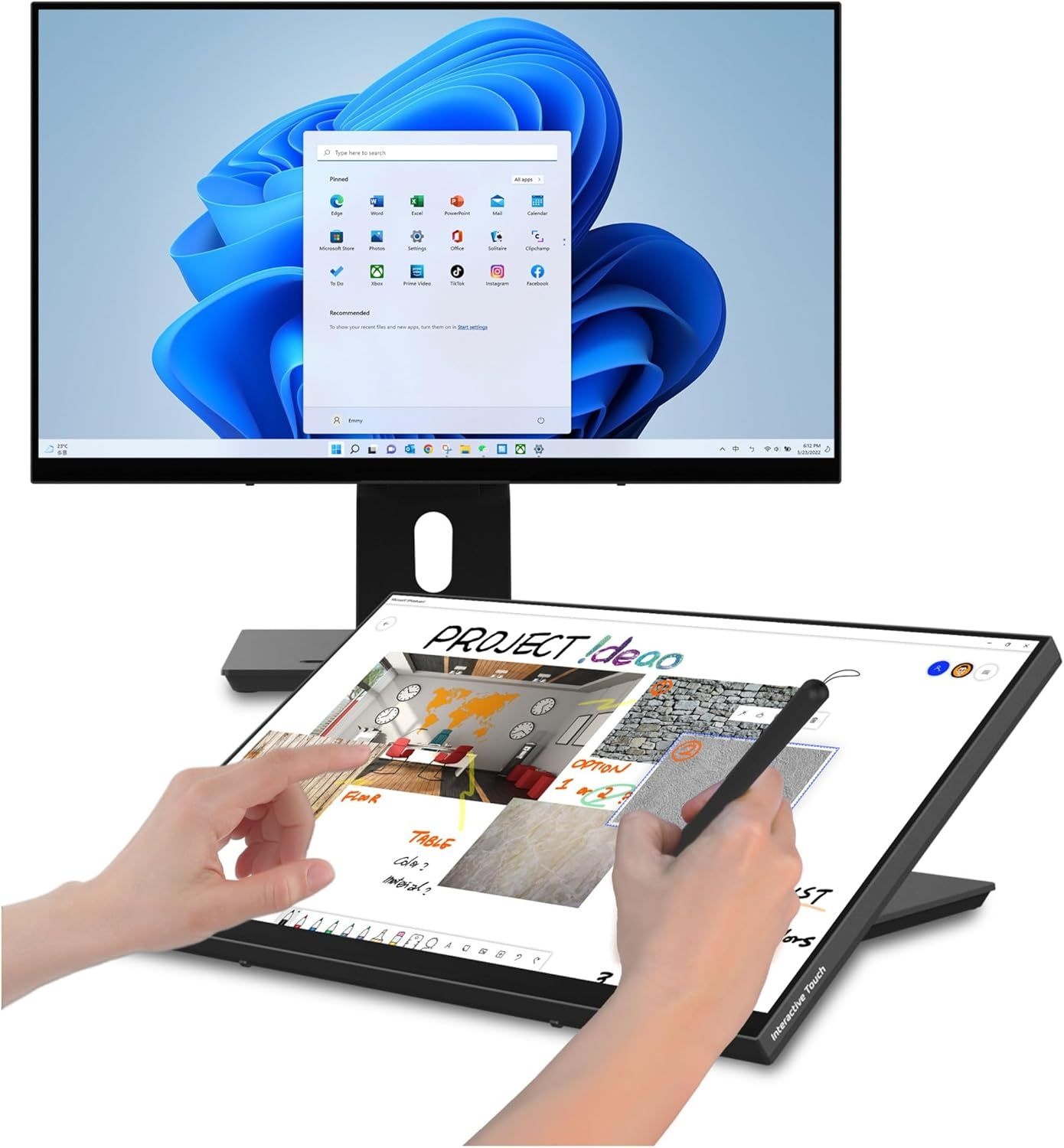 디어오 허브 24인치 P-캡 터치스크린 모니터, QHD, HDMI, VGA, USB C 입력, 10포인트 터치, PD 지원, 다용도로 완전히 조절
