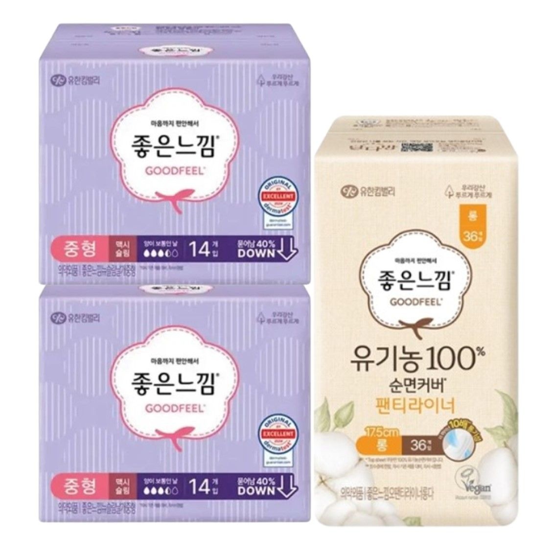 좋은느낌 오리지널 맥시슬림 중형(14P) 2팩+ 좋은느낌 유기농 순면 팬티라이너 롱(36P) 1팩