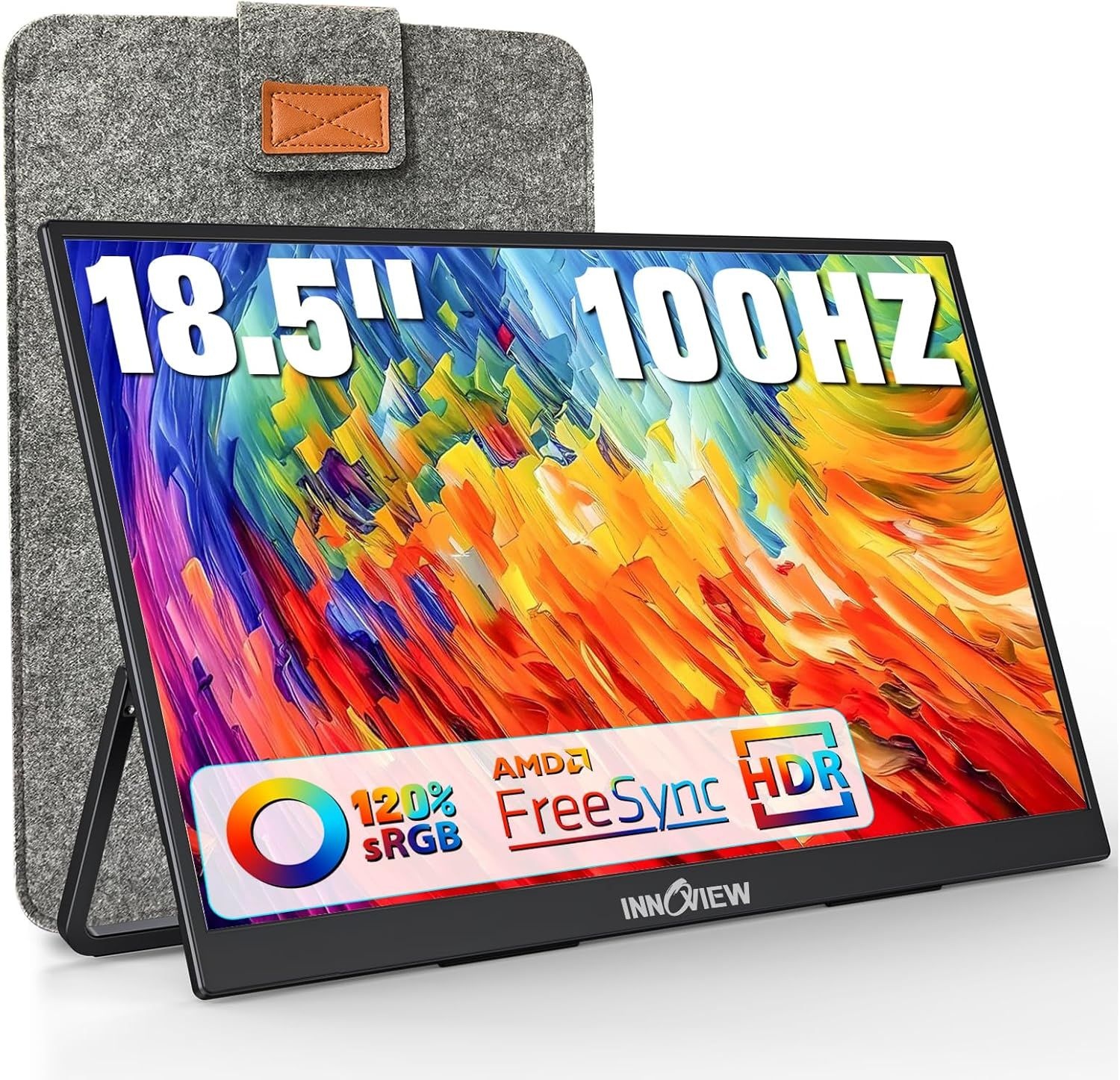 Innoview 휴대용 모니터 18.5인치 100Hz 120% sRGB, 1080P FHD IPS 대형 모니터, 킥스탠드 Mac PC Xbox PS4/5 스위치 포함 노트북 USB