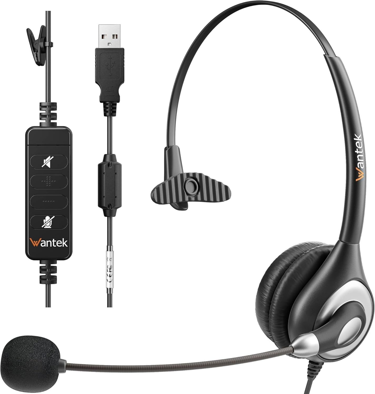 노이즈 캔슬링 마이크 및 인라인 컨트롤이 있는 Wantek 유선 USB 헤드셋 Mono, Skype용 UC 비즈니스 헤드셋, 소프트폰,