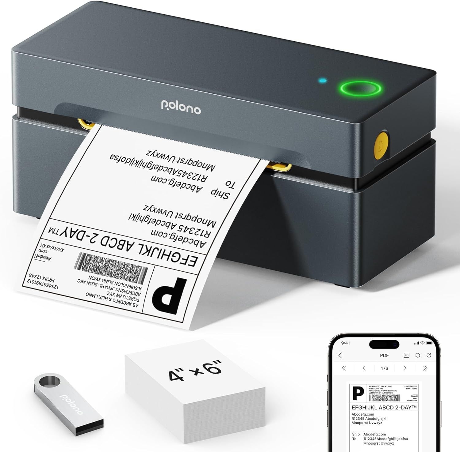 폴로노 블루투스 열 배송 라벨 프린터, 중소기업용 무선 4x6 iOS, Android, Windows, Mac 지원. Amazon, Shopify, Etsy, USPS, Grey와