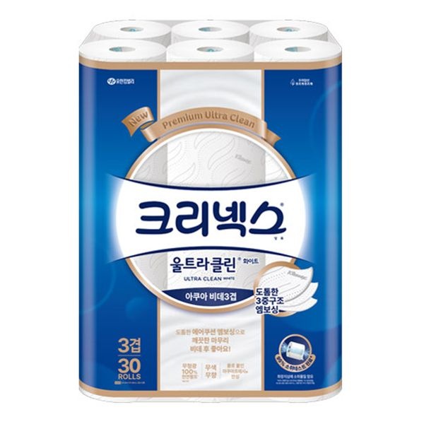 [온누리7%혜택][크리넥스] 울트라클린 화이트 비데티슈 3겹 30m 30롤
