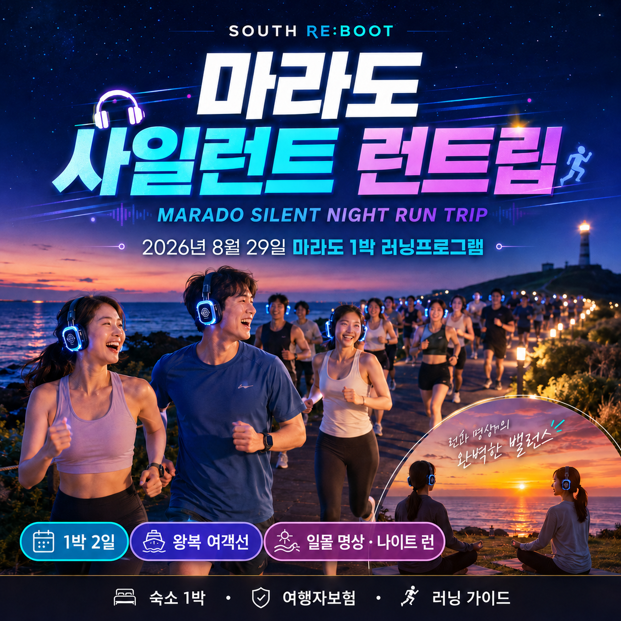 [런트립] SOUTH RE:BOOT 마라도 사일런트 런트립, 여객선+숙소 1박+여행자보험, 러닝 전문 가이드 인솔