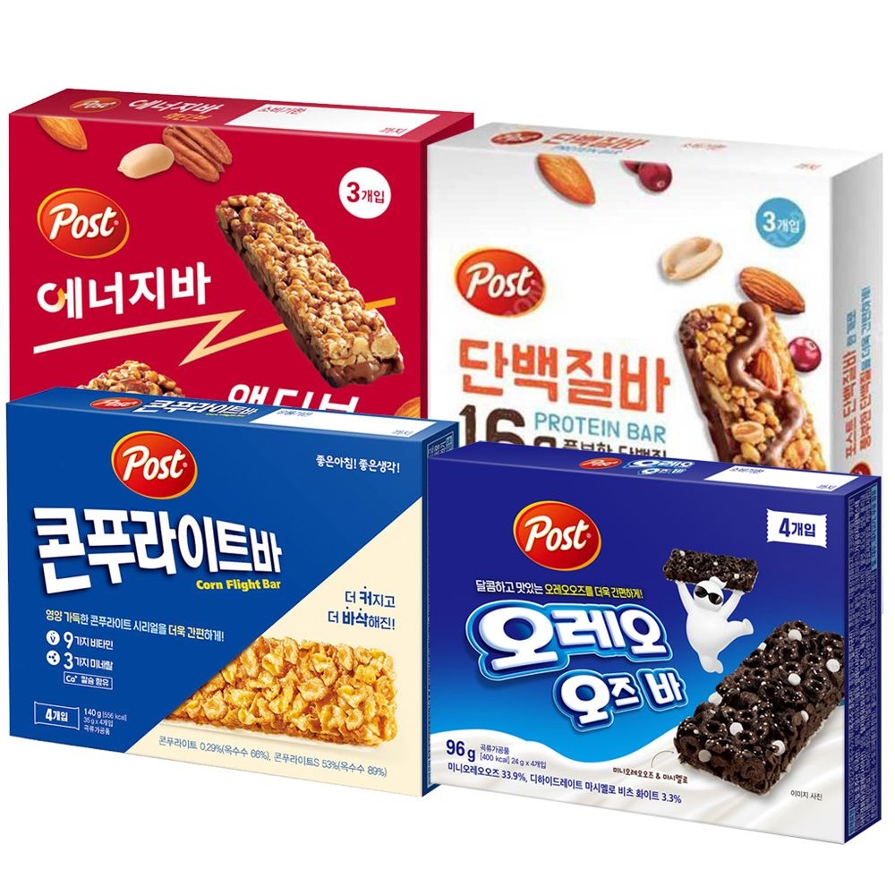 포스트 시리얼바 4종(콘푸라이트140g+오레오오즈바96g+에너지바액티브135g+단백질바150g)