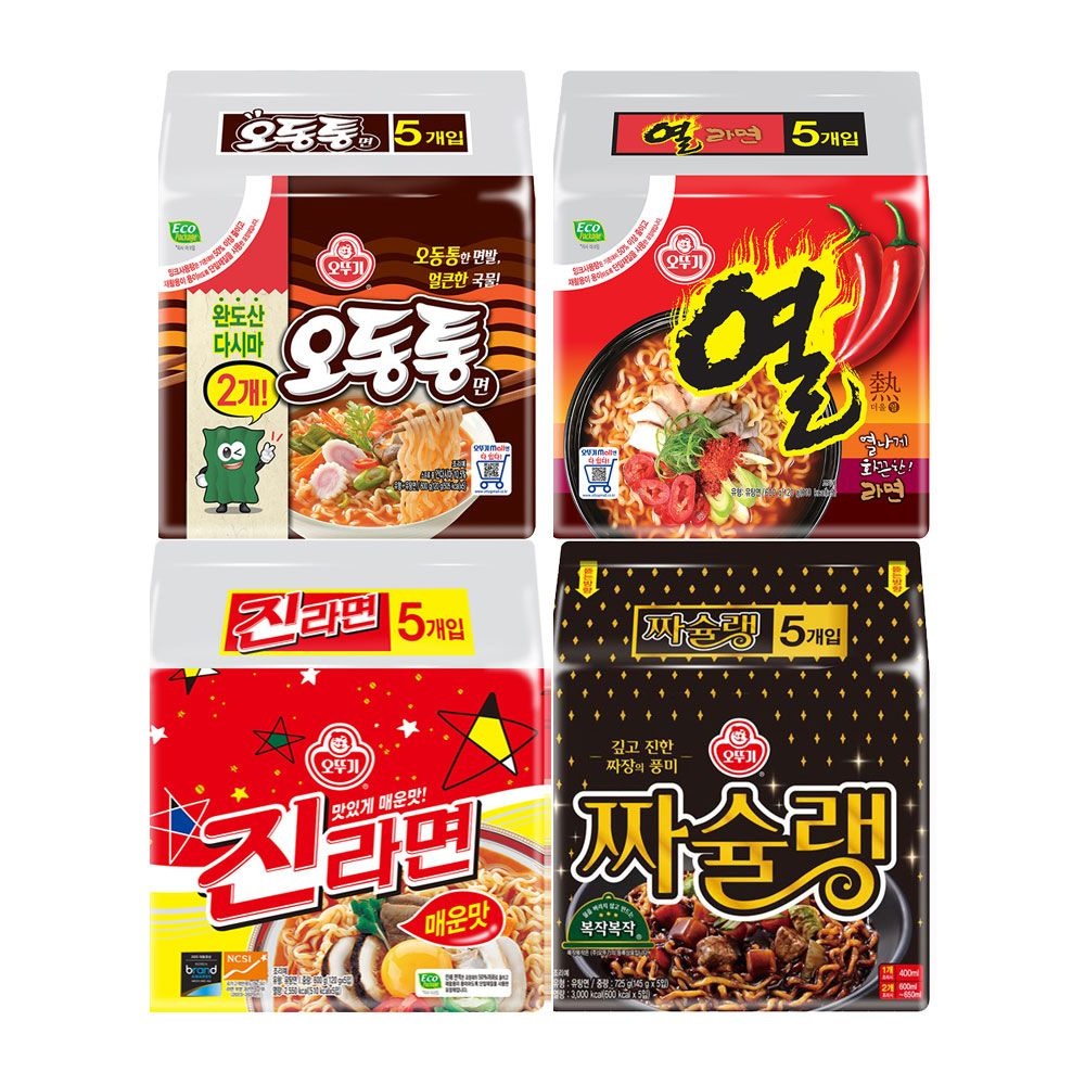오뚜기 진라면 매운맛 120g 5개+짜슐랭 145g 5개+오동통면 5개+열라면 5개