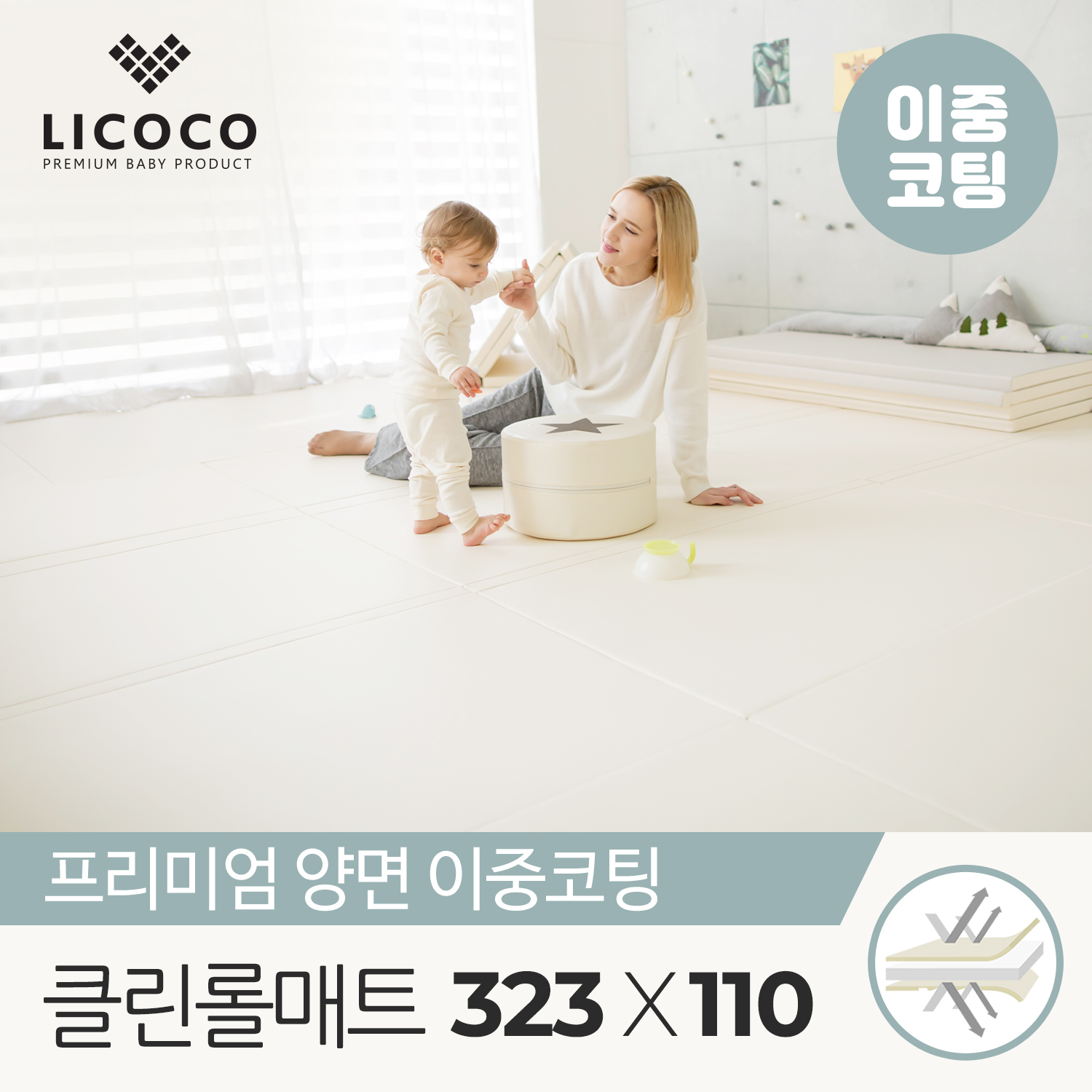 리코코 프리미엄 양면 이중코팅 클린 롤매트 놀이매트 323x110x4cm
