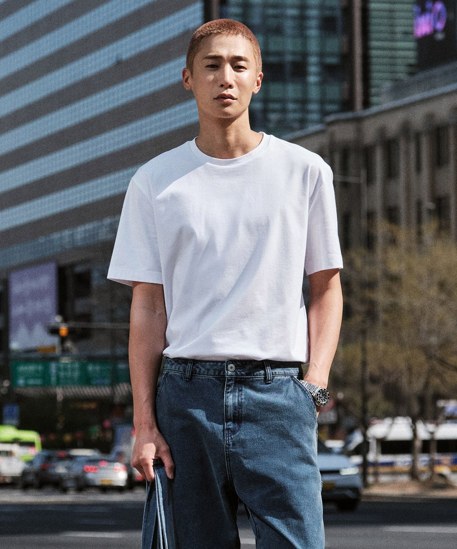 [BLACK LABEL] 수피마 라운드넥 반팔 티셔츠_화이트 (세미오버핏)_STSWB91NSW