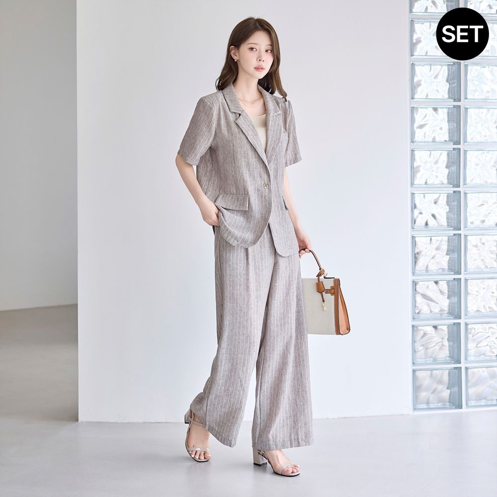[SET]스트라이프 반팔 자켓 와이드 팬츠 셋업_M2606SE067B