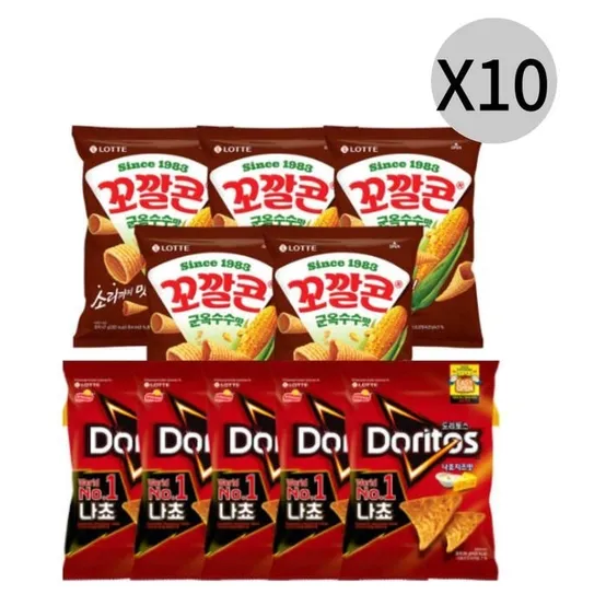 꼬깔콘 군옥수수맛+도리토스 나쵸치즈 총100봉 스낵