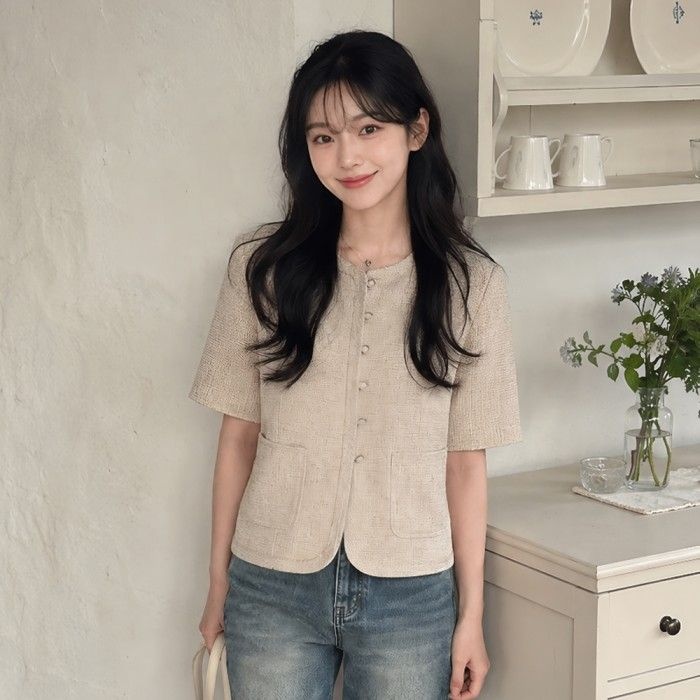 (JJ지고트) 린넨 포켓 라운드넥 크롭 재킷 GS6M0JK941