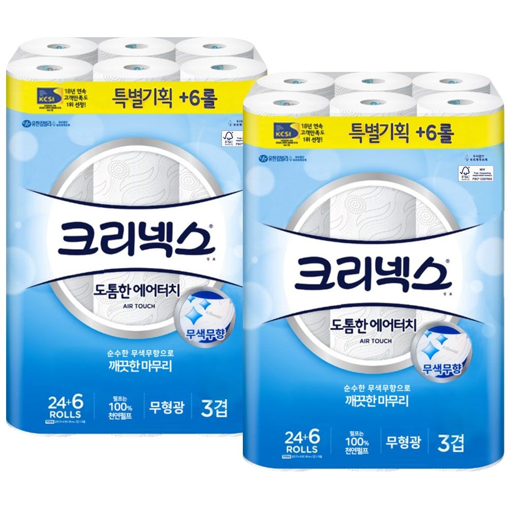 크리넥스 3겹 도톰한 에어터치 화장지 27m 30롤 x2팩