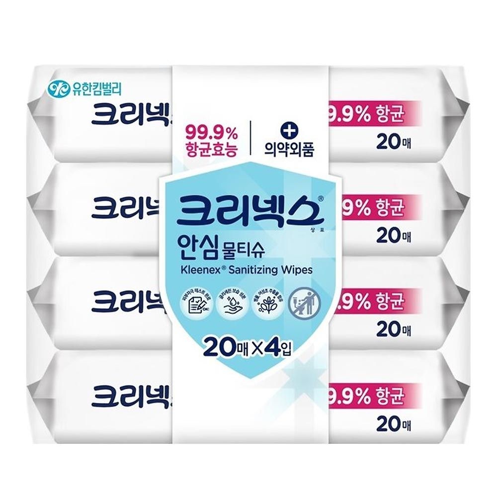 크리넥스 99.9% 항균 안심물티슈 휴대용 20매x4입