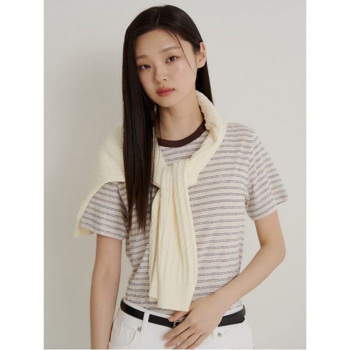 [26SS 시즌오프 30%] 린넨 스트라이프 레귤러핏 반소매 티셔츠 옐로우 BF6442C11E