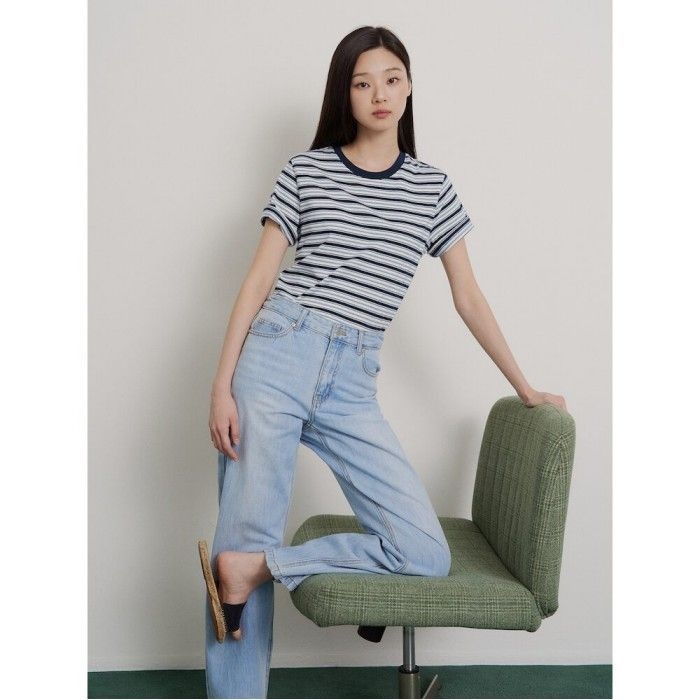 빈폴 레이디스 [26SS 시즌오프 30%] 멀티 스트라이프 슬림핏 반소매 티셔츠  네이비 BF6542C04R