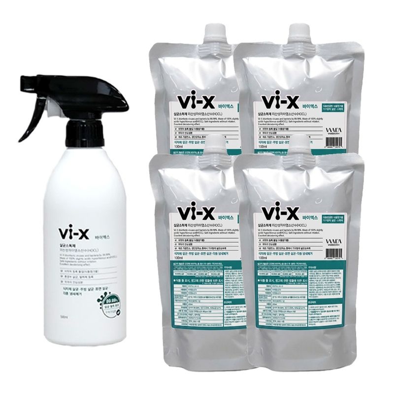 식품첨가물 기구등의 살균소독제 500ml 스프레이1개+500ml 리필4개/미산성 차아염소산수 살균제