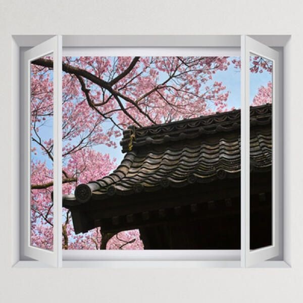 꾸밈 아트박스/꾸밈 iy884-벚꽃드리워진기와집_창문그림액자(중형)
