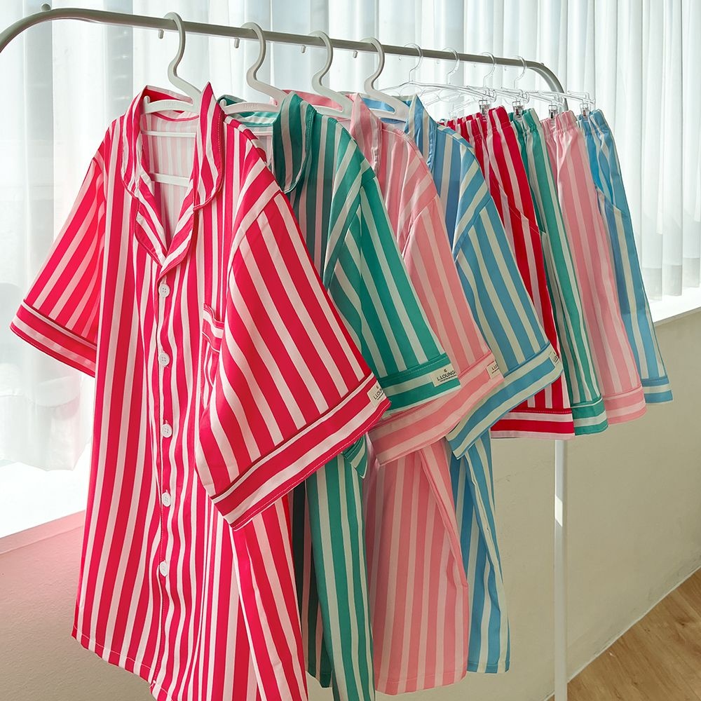 [커플잠옷][S~3XL] 마린 스트라이프 파자마 상하세트 / 남녀공용 시원한 착용감 반팔 반바지 남성 여성 홈웨어 잠옷