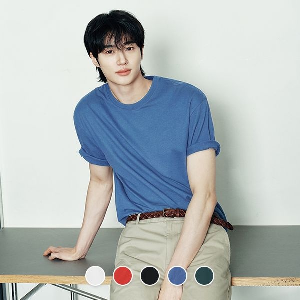 [롯데온] 지오다노 코튼 크루넥 솔리드 반팔 티셔츠(헤비웨이트)
