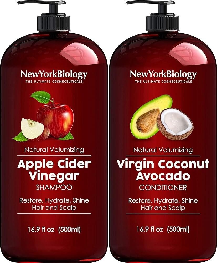 [해외] New York Biology 애플 사이다 식초 샴푸 및 코코넛 아보카도 오일 컨디셔너 세트 - 건조한 모발 및 가려운 두피를 위
