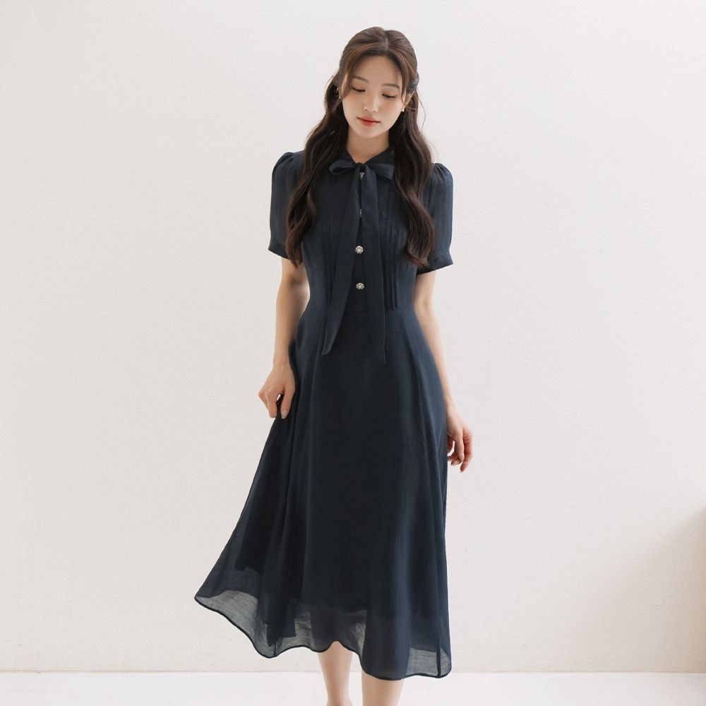 (~XXL까지) 솔레드 타이넥 쉬폰 플레어 원피스 여름 하객룩 오피스룩 데이트룩 격식룩 빅사이즈