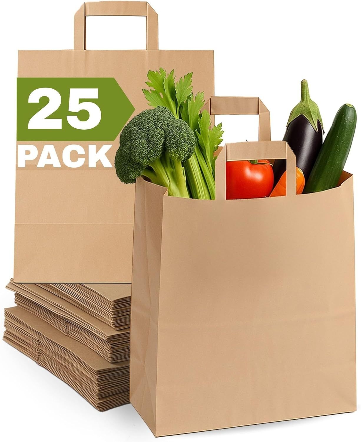 Qutuus 12x7x14 인치 25Pcs 손잡이가 있는 대형 종이 가방, 쇼핑 식료품용 갈색 자루, 재활용, 배달, 테이크아웃, 소매업
