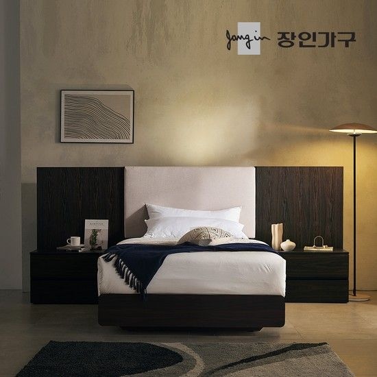 장인가구 까르뎅차콜 패브릭 LED 호텔 평상형 침대 프레임 SS+협탁2(800800)