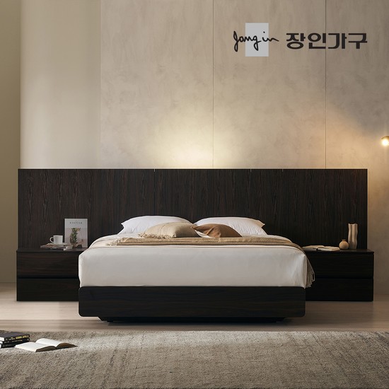 장인가구 까르뎅차콜 E0등급 LED 호텔 평상형 침대 프레임 LK+유로탑+협탁2(800800)