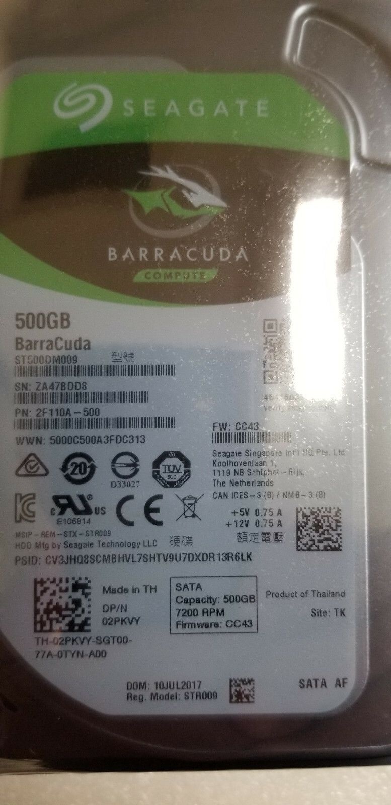 Seagate Seagate ST500DM009 PN: 2F110A-500 FW: CC43 3.5 500GB 하드디스크 드라이브 [세금포함] [정품] ZA4 TK HDD 하드디스크[세금포함] 노