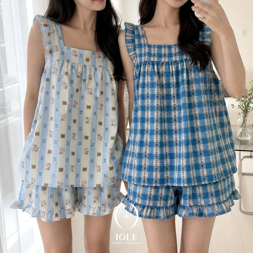 [시원한 예쁜 핏] 블루메리 프릴 나시 반바지 투피스 세트 여름 홈웨어