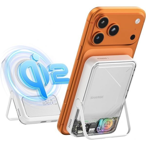 sharge [해외] 샤지 ICEMAG 2 맥세이프 파워 뱅크 15W Qi2 마그네틱 휴대용 충전기 액티브 쿨링 기능 10000mAh 배터리 팩 접이식 스탠드