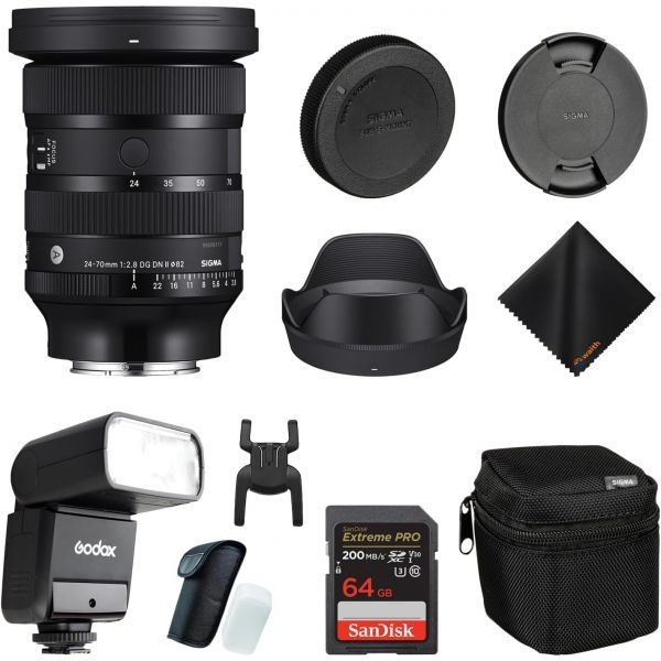 [해외] 시그마 24-70mm f2.8 DG DN II 아트 렌즈 (소니 E, 풀프레임, 6매 SLD 렌즈, 11날 원형 날개), 고독스 TT350S 미니 플래시, 64GB