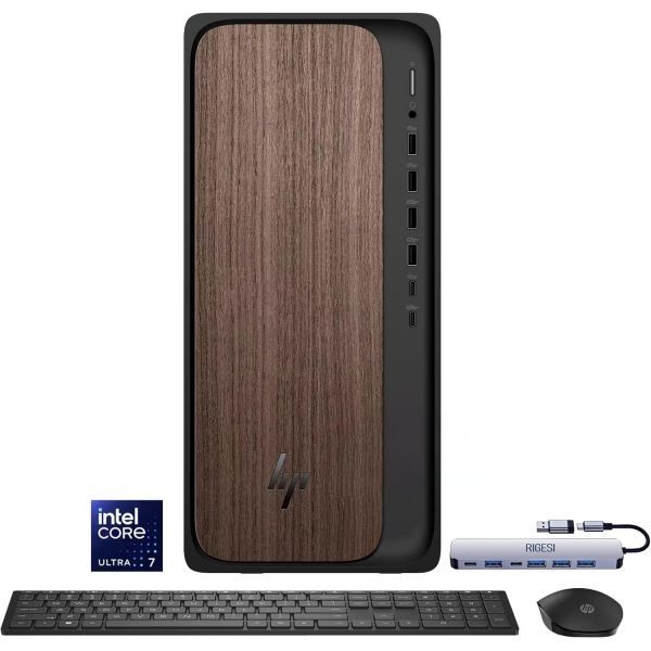 [해외] HP 옴니데스크 데스크탑 컴퓨터 인텔 코어 울트라 7 265 16GB DDR5 1TB SSD 세련된 다크 우드 디자인 AI 지원 성능 Windows 1