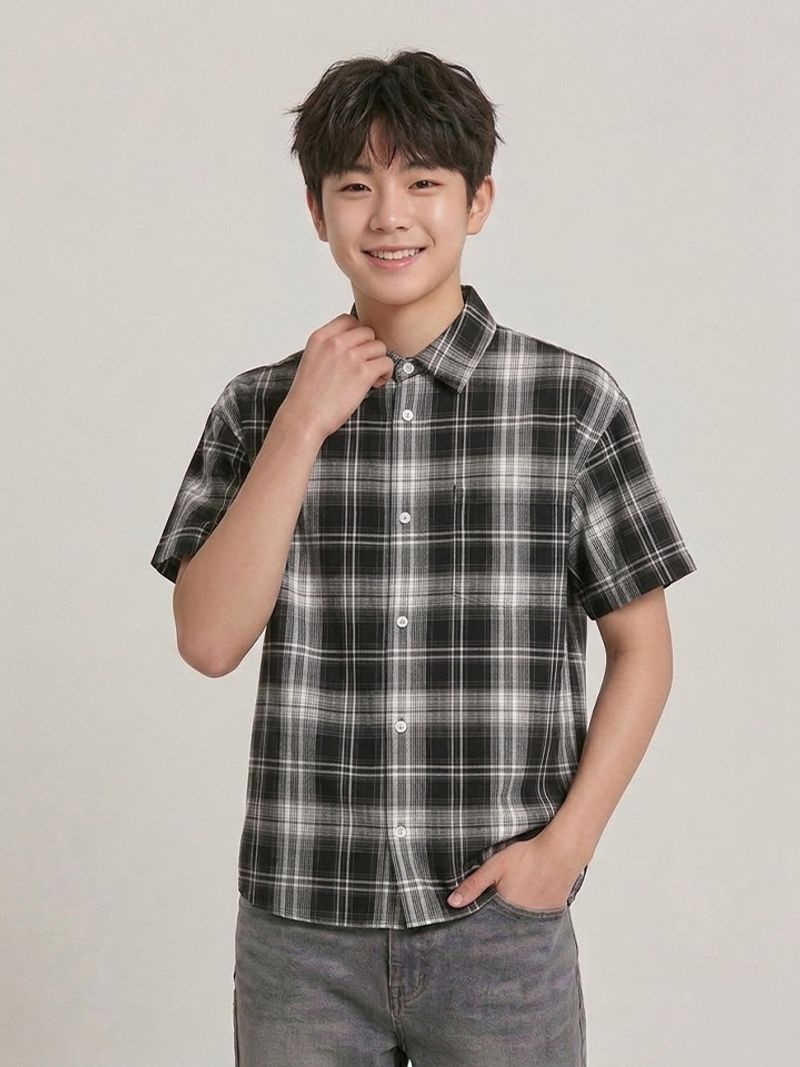 HANGTEN TEENS HANGTEN TEENS 틴즈 시어서커 반팔 체크 셔츠_100(14570-020-404-68)
