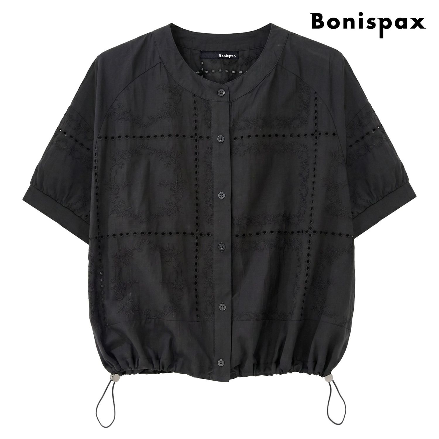 펀칭 라운드넥 밑단 스트링 반팔 블라우스 (XQ2BA064L0)
