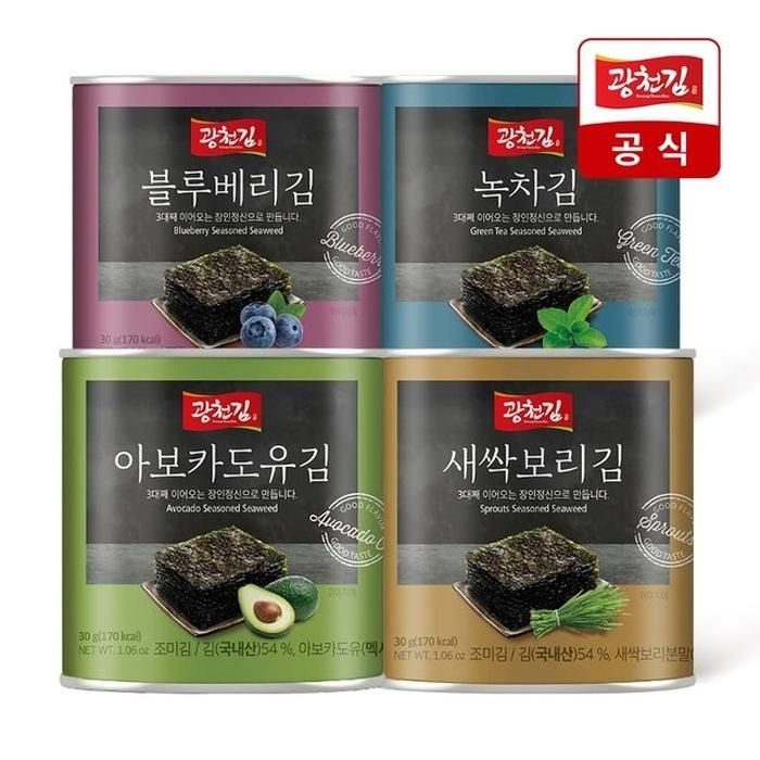 [광천김] 아보카도유 캔김 30g x 5캔 / 녹차 새싹보리 블루베리