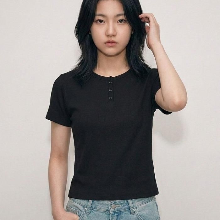 행텐틴즈 동백01 여아 슬림핏 웨일 헨리넥 반팔 티셔츠_블랙  14570-131-419-05-100