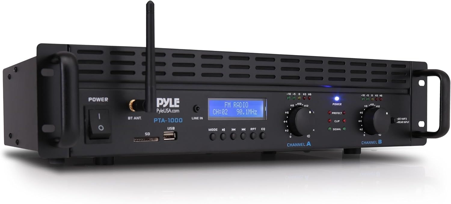 블루투스가 장착된 파일 2채널 랙 마운트 파워 앰프 - 2000W 브리지 가능(TRS XLR 입력, 스피크온 출력, MP3 플레이어
