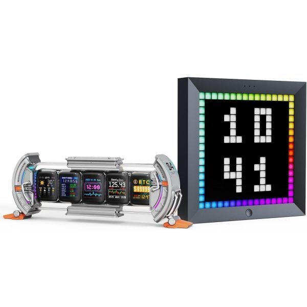 Divoom [해외] Divoom 디붐 Times Gate Silver Pixoo RGB LED 디스플레이 스마트 앱 제어 픽셀 사이버펑크 게임 설정 디지털 시계 홈 데코