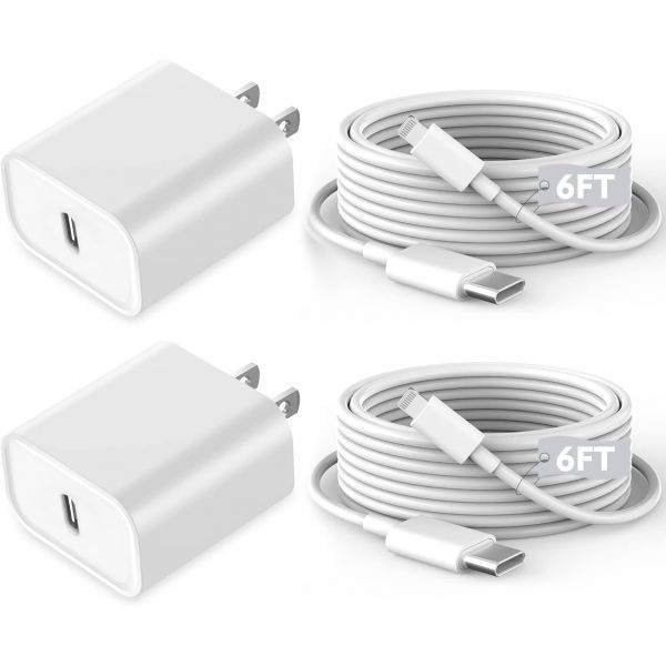 Kruidvat [해외] 빠른 아이폰호환 충전기 충전 2팩 6피트 길이 USB C to Lightning 케이블 코드 블록 어댑터 14 Plus ProMax 13 Mini 12 11 XS iPad