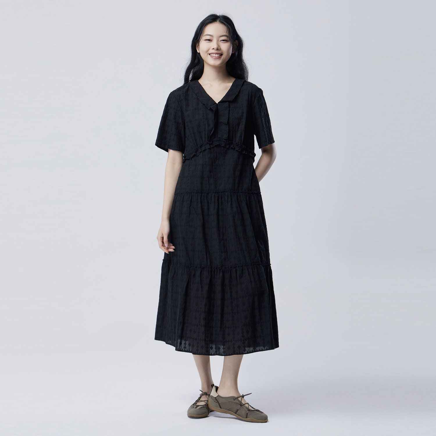 브이넥 셔링 티어드 원피스 BAOPF1631
