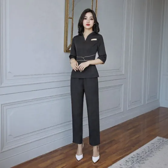 정갈한 피부관리사가운 피부샵유니폼 홀유니폼 반팔 긴바지 세트