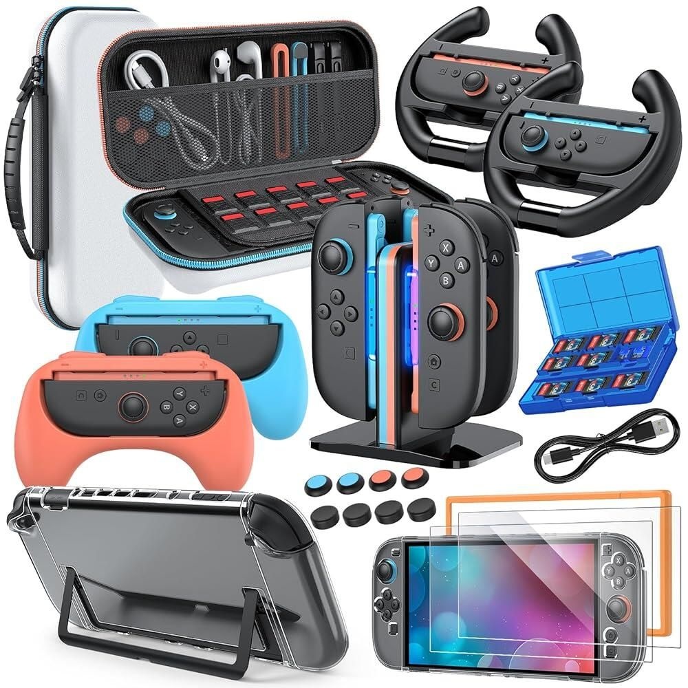 MENEEA [해외] Switch 2 Accessories, Bundle Case for Nintendo (2025), MENEEA 20-IN-1 Kits: Carrying Case, Controller Charger Dock, Grips Joy Con,Steering Wheels Mari