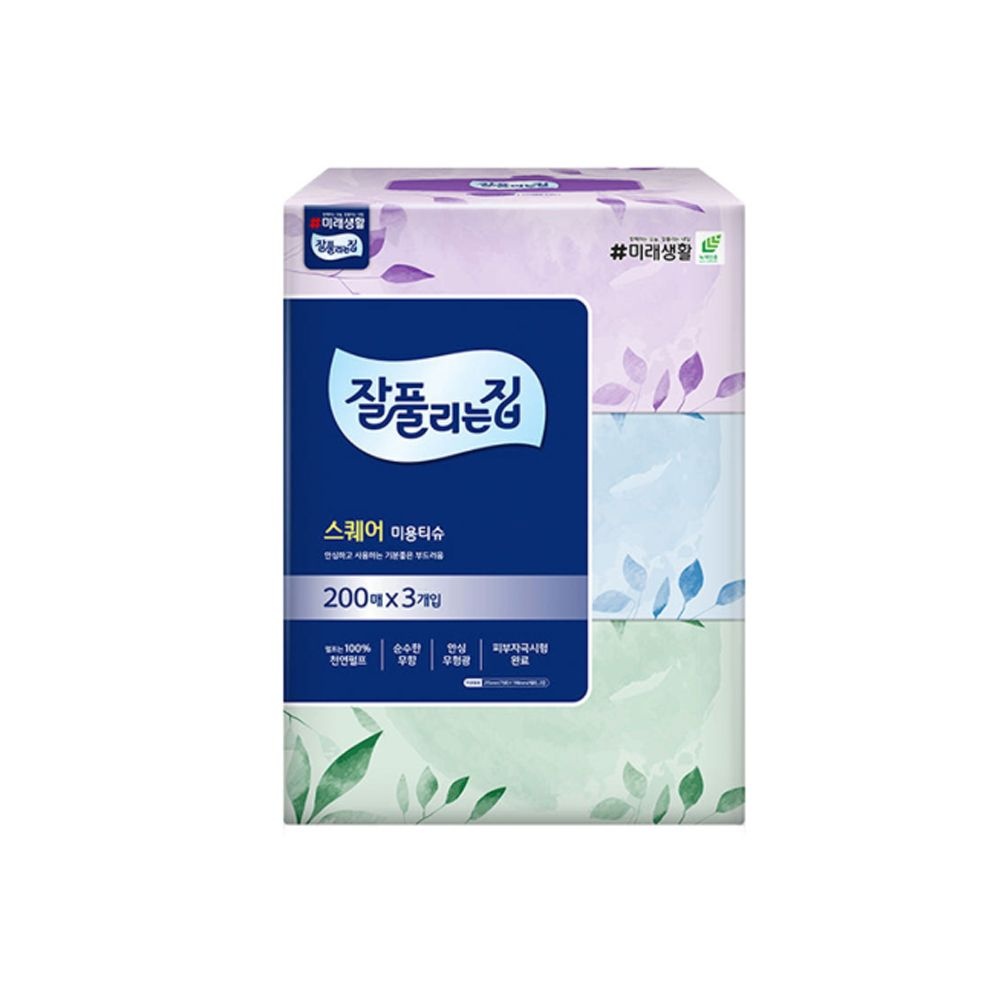 잘풀리는집 천연펄프 스퀘어 미용티슈 각티슈 200매 x 3개입 x 8팩 (총24개입)