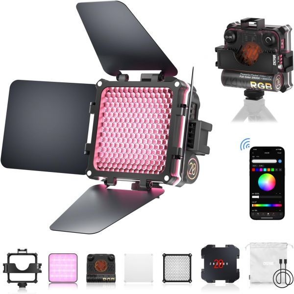 ZHIYUN [해외] ZHIYUN FIVERAY M20C 콤보 RGB 비디오 조명 20W 휴대용 카메라 HSI 모드 TLCI 96 색온도 2500K 10000K 16가지 효과 자석 부착 앱