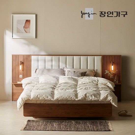 (무료배송) 로시 패브릭 템바보드 호텔식 수납 침대 Q 협탁1+본넬